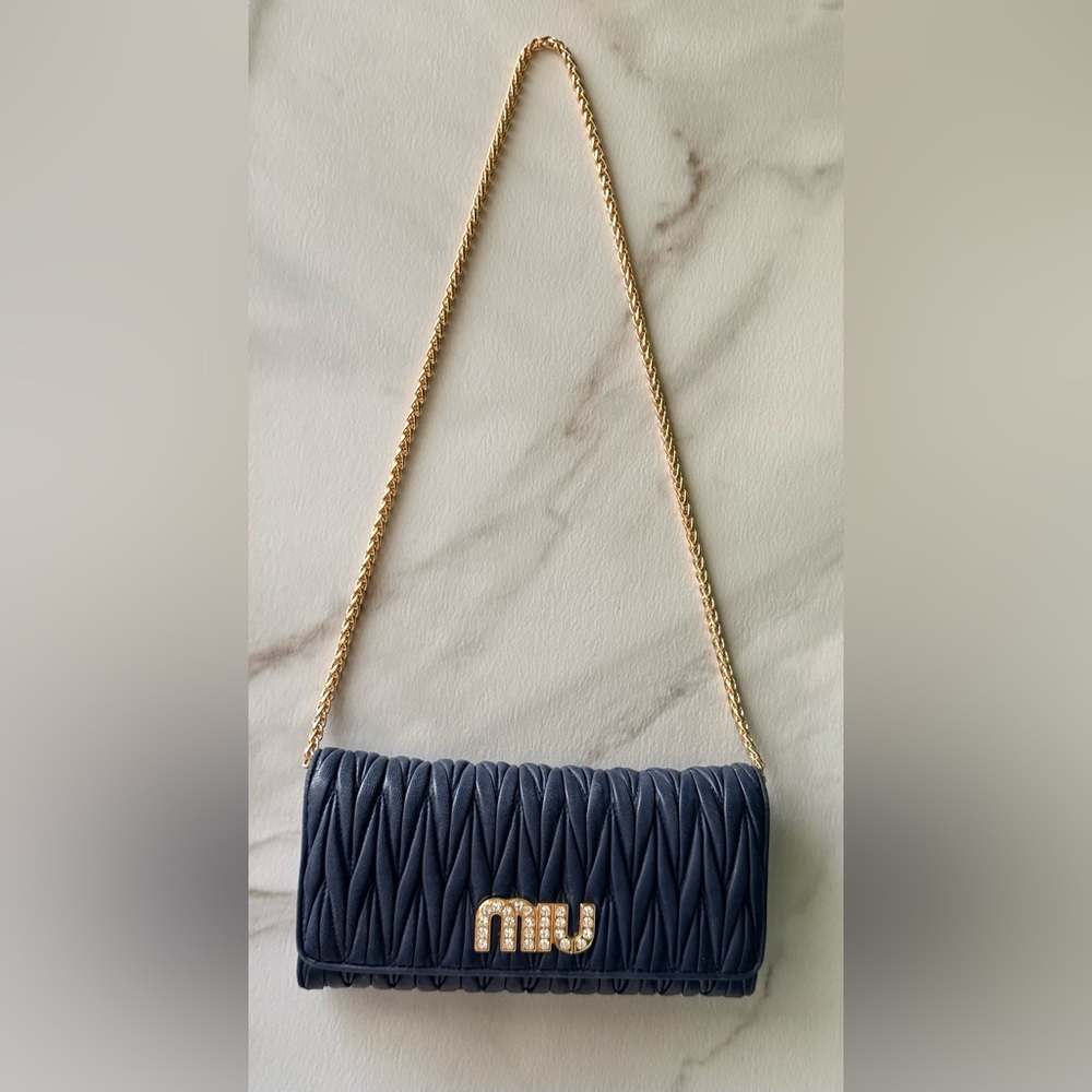 Miu Miu Navy Matelassé Leather Wallet with Crystal Logo Authentic